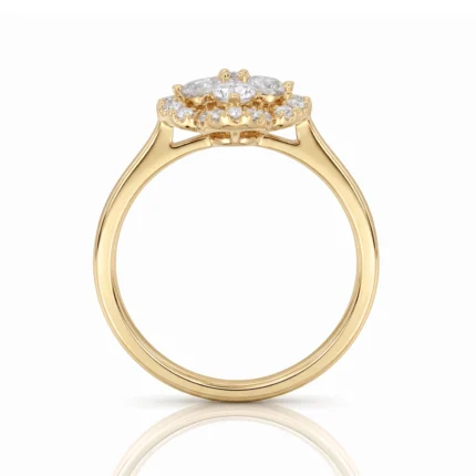 Gold engagement ring with a central diamond cluster and pavé-set diamonds in a halo, shown in profile view.