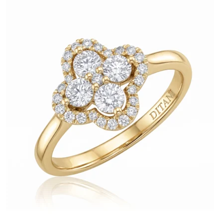 Gold ring with a flower-shaped cluster of diamonds and a double halo setting, polished band