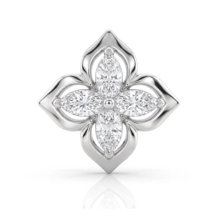 Silver four-petal flower jewelry piece with four diamond teardrop-shaped petals and a central polished hub (halo-like) detail