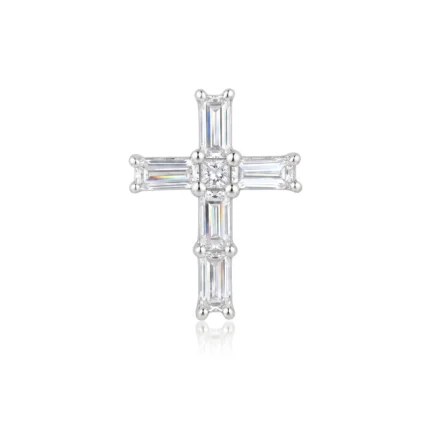 Diamond cross pendant composed of baguette-cut stones set in metal prongs, with a central diamond accent