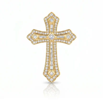 Gold cross pendant encrusted with diamonds on a white background, jewelry photograph.