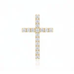 Gold cross pendant encrusted with diamonds on a white background