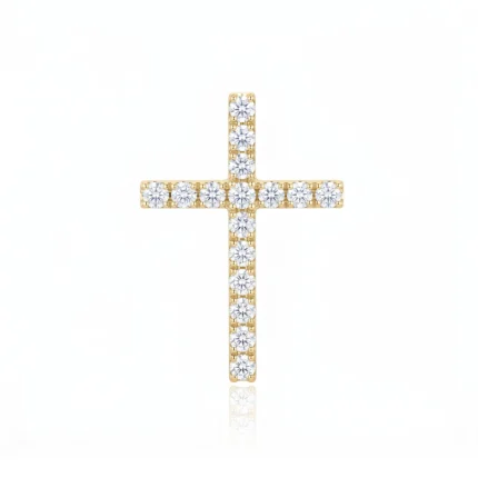 Gold cross pendant encrusted with diamonds on a white background