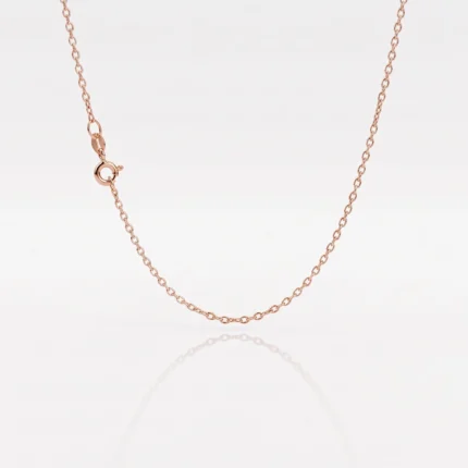 Rose gold chain necklace with a spring ring clasp hanging against a pale background, showing its delicate links.