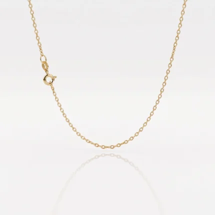 Gold chain necklace with a small lobster clasp displayed against a white background, slight reflection below.