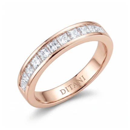 Rose gold band ring with a row of square-cut diamonds set in a channel along the top edge, engraving inside reads DITANI