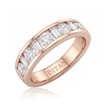 Rose gold ring with alternating round and baguette diamonds along the band, branded DITANI on the inner edge