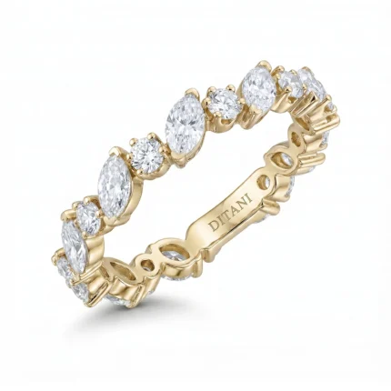 Gold ring with alternating marquise- and round-cut diamonds set along the band, inner side engraved 'DITANI'.