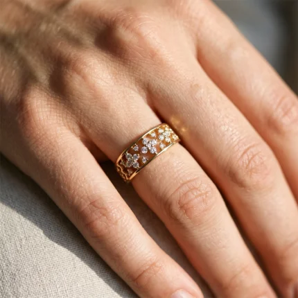 Close-up of a gold ring with small diamonds on a finger, showing intricate diamond cluster pattern.