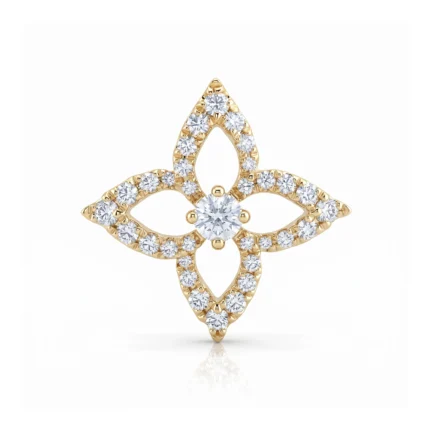 Gold pendant in a four-lobed fleur-de-lis design encrusted with diamonds against a white background.