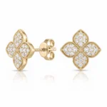 Gold four-petal diamond-studded clover earrings with screw-back posts
