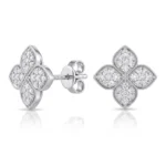 Four-pPetal diamond stud earrings in silver metal, pavé-set stones