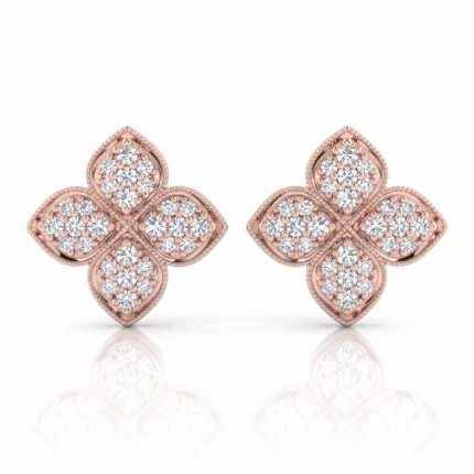Rose gold stud earrings in a four-leaf-clover design, each petal encrusted with diamonds