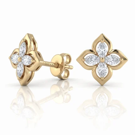 Gold flower-shaped stud earrings with four diamond petals and a polished setting, matching pair shown.