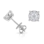 Round diamond stud earrings in white gold with a halo of smaller diamonds; front and side views shown, including the post and butterfly back.