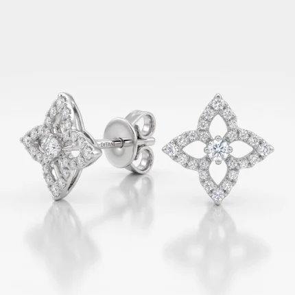 Pair of diamond-studded silver earrings with a quatrefoil design, shown from front and back views.
