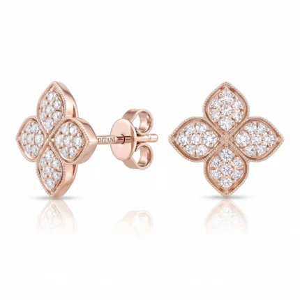 Rose gold stud earrings with a four-leaf clover motif, pavé-set diamonds, and screw-back posts.