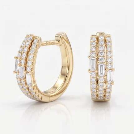 Gold rings encrusted with diamonds, featuring rows of round stones and rectangular baguette cuts for a stacked look.