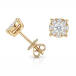 Gold halo diamond stud earrings with a butterfly back, set in yellow gold hardware