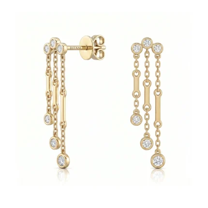 Gold-tone drop earrings with multiple delicate chains, round diamond accents, and a screw-back closure.