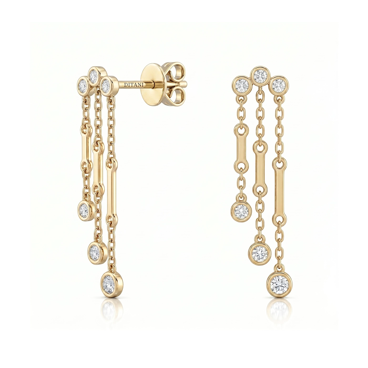 Златни обеци с диаманти DITANI жълто злато 132 - DITANI Gold-tone drop earrings with multiple delicate chains, round diamond accents, and a screw-back closure.