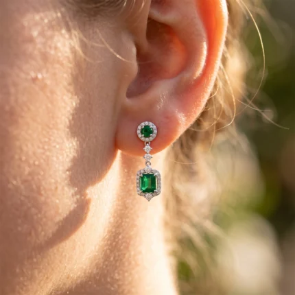 Close-up of an ear adorned with a drop earring: a green emerald surrounded by diamonds, with a small diamond link above leading to a larger emerald pendant.