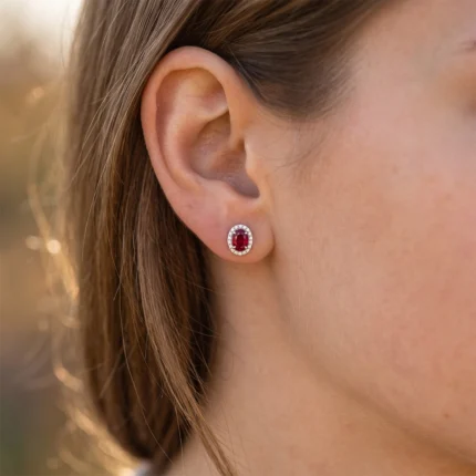 Close-up of a woman's ear with an oval ruby stud surrounded by a diamond halo on the earlobe.
