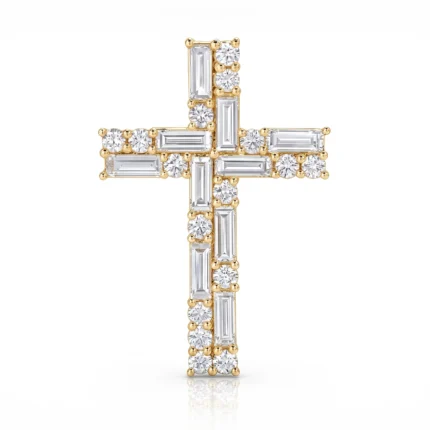 Gold cross pendant encrusted with rectangular and round diamonds, set on a white background (jewelry product)
