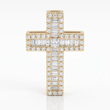 Gold cross pendant adorned with round and baguette diamonds, photographed against a white background.