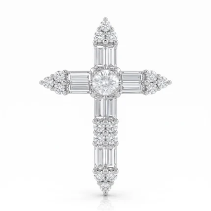 Cross-shaped diamond pendant set in white metal, featuring a central round diamond surrounded by baguette and pavé stones