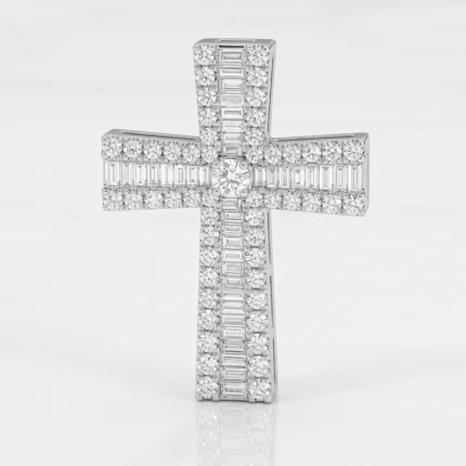 Diamond cross pendant encrusted with round and baguette-cut diamonds in a silver setting, camera-forward.