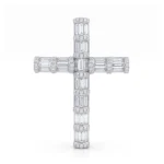 Cross-shaped diamond jewelry pendant with baguette-cut stones and pavé accents.