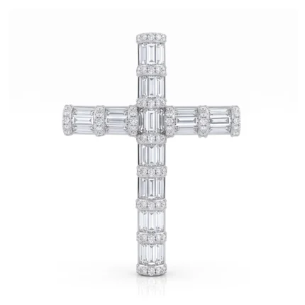 Cross-shaped diamond jewelry pendant with baguette-cut stones and pavé accents.