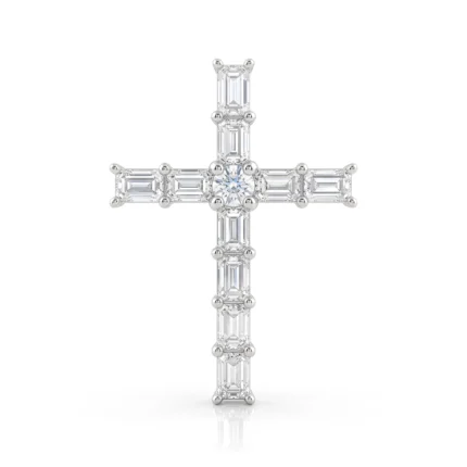 Cross-shaped diamond pendant with emerald-cut diamonds along the arms and a central round diamond, set in white metal.