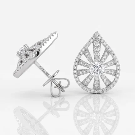 Teardrop-shaped diamond drop earrings set in white metal with pavé diamonds around the edge.