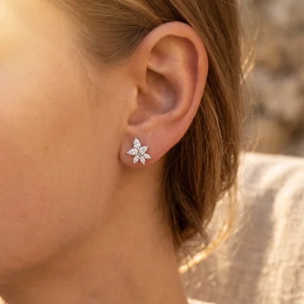 Close-up of a woman's ear showing a diamond flower stud earring on the earlobe.