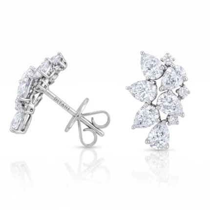 White gold diamond leaf earrings with pear-cut stones arranged in a clustered pattern.