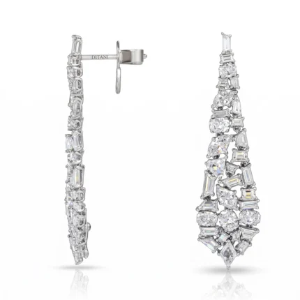 Silver-toned diamond drop earring with a left-side hinge and row of rectangular and round stones (DITANI branding visible).