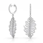Diamond-encrusted leaf-shaped drop earrings with a curved, ribbed design shown from side and front views.