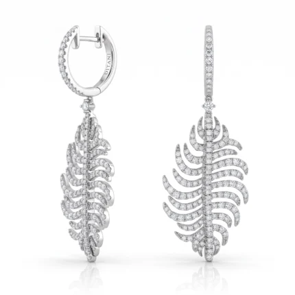 Diamond-encrusted leaf-shaped drop earrings with a curved, ribbed design shown from side and front views.
