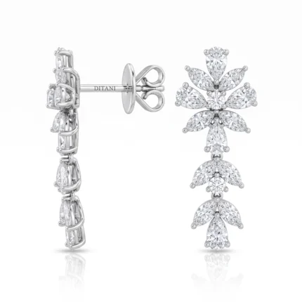 Diamond-studded drop earring with a floral motif of marquise-cut stones in a cascading design, set in white metal.