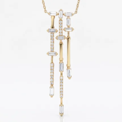Gold necklace with a vertical, multi-bar pendant set with clear rectangular and round diamonds against a white background