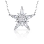 Star-shaped diamond pendant necklace with clustered and baguette-cut stones on a silver chain, suspended and reflecting light.