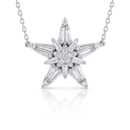 Star-shaped diamond pendant necklace with clustered and baguette-cut stones on a silver chain, suspended and reflecting light.