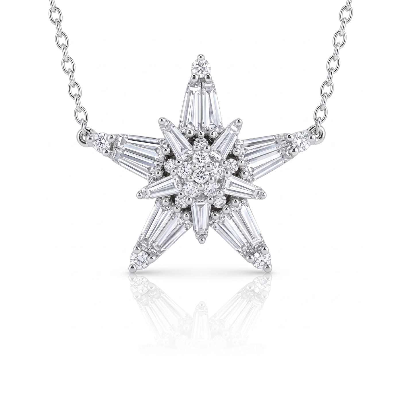 Диамантено колие DITANI - DITANI Star-shaped diamond pendant necklace with clustered and baguette-cut stones on a silver chain, suspended and reflecting light.