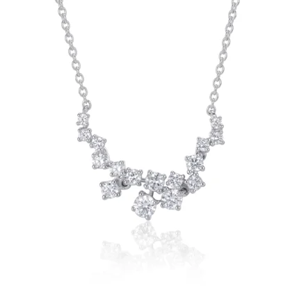Silver necklace with a curved row of brilliant-cut diamonds set in prong settings on a white background.