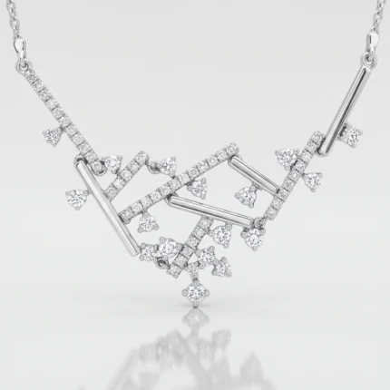 Silver necklace pendant with crisscross bars encrusted with small diamonds and dangling diamond accents