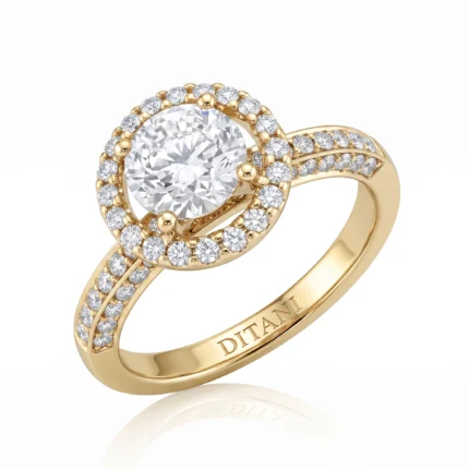 Gold ring featuring a large central diamond with a halo of smaller diamonds and pavé-set band, inner engraving reads 'DITANI'
