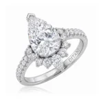 Pear-cut center diamond ring in a halo of smaller diamonds, with a pavé diamond band and a polished metal band showing the brand engraving 'DITANI' inside