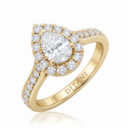 Gold halo engagement ring with a large center diamond surrounded by smaller diamonds and a pavé-set band, engraved with 'DITANI' on the inner band